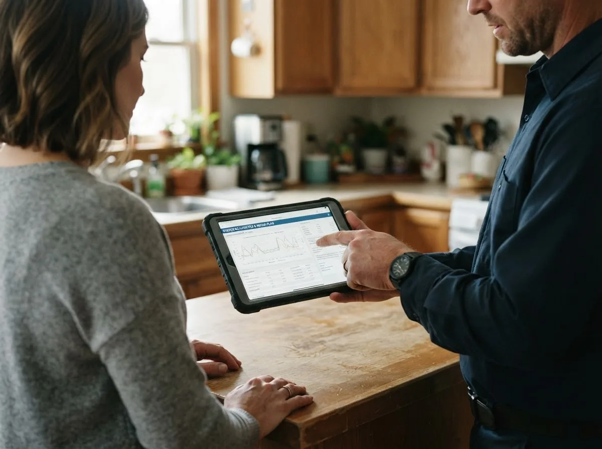 HVAC technician inspecting a heating & cooling system in Rogers City, MI